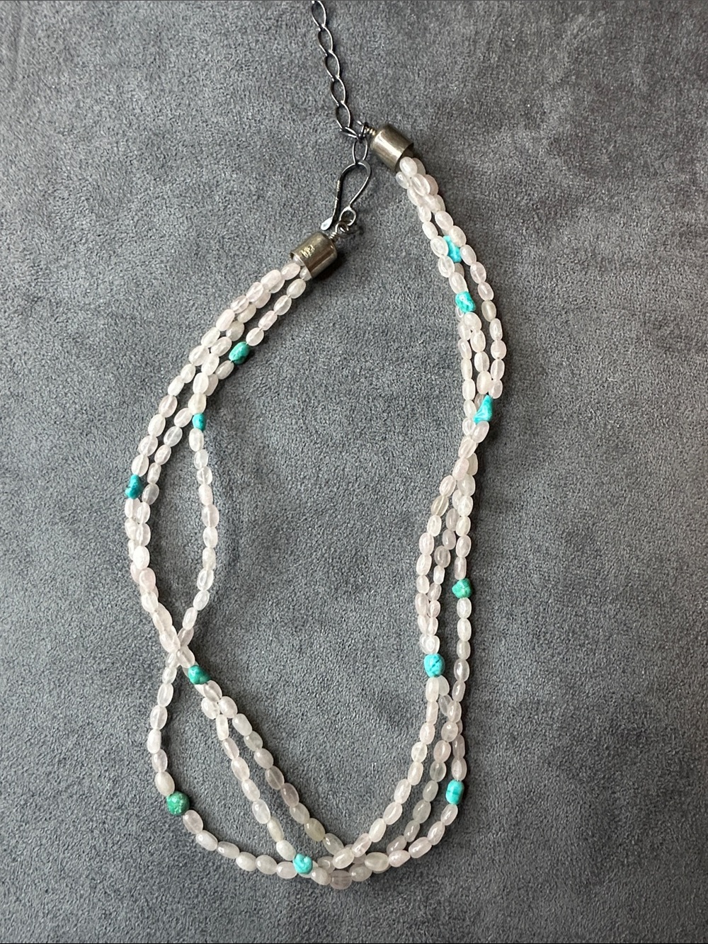 Multi-Strand Rose Quartz & Turquoise Beaded Necklace Sterling Silver